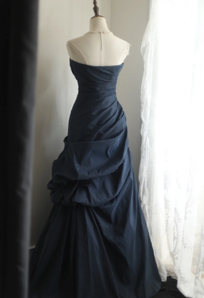 Vintage Navy Blue Strapless Satin Pleated Mermaid Long Evening Dress Birthday Prom Dress D2328
