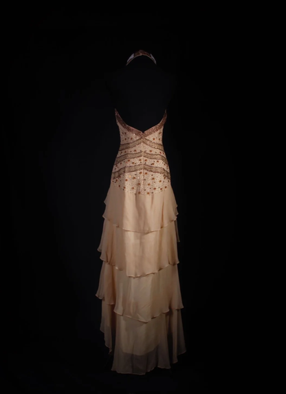 Vintage Khaki Halter Beaded Chiffon Layered Mermaid Long Party Dress Backless Wedding Guest Dress D2005