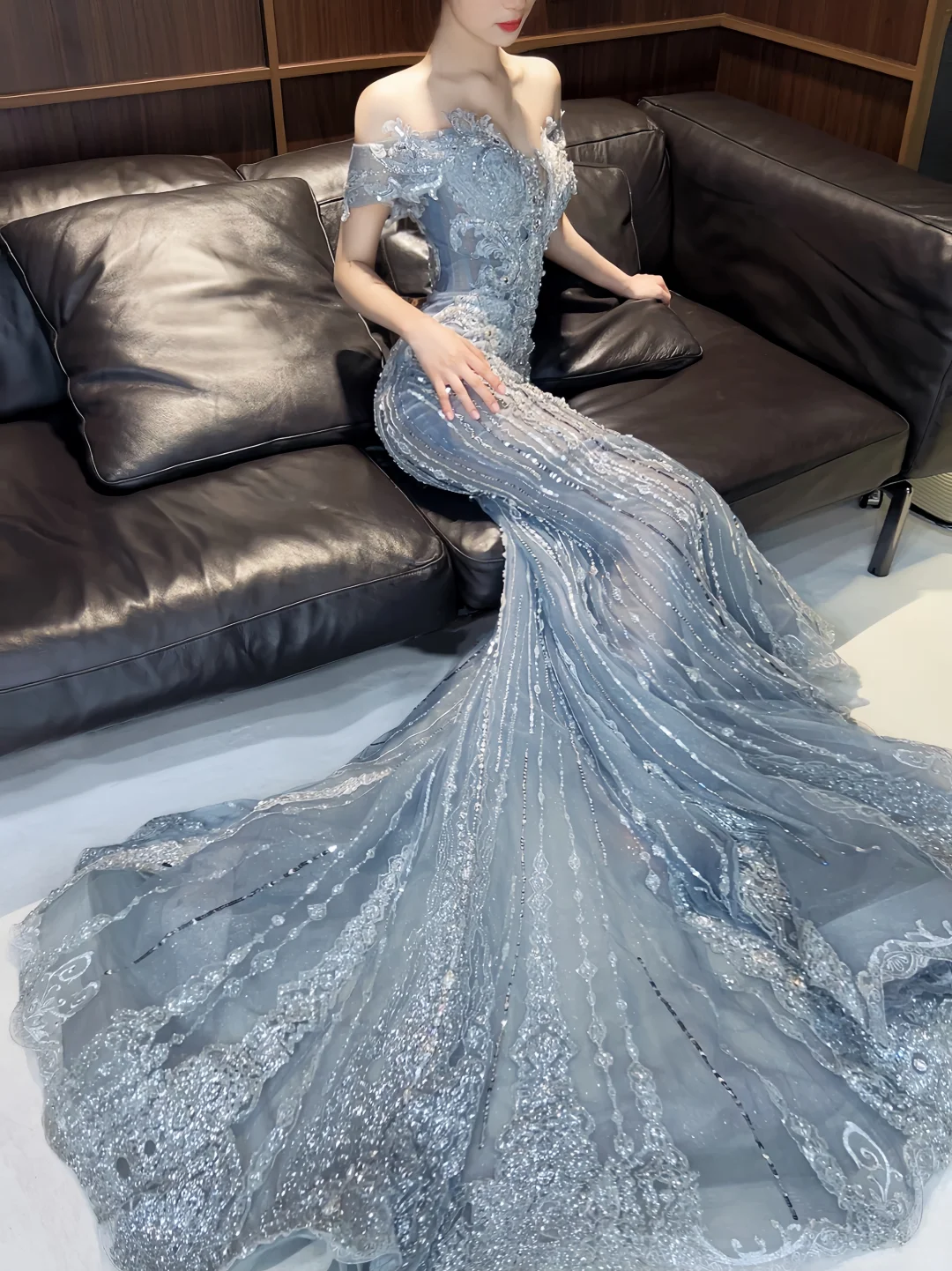 Shiny Off The Shoulder Tulle Applique Beaded Mermaid Long Party Dress Blue Prom Gown D5090