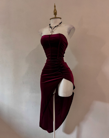 Sexy Strapless Slit Party Dress Burgundy Birthday Dress  S268