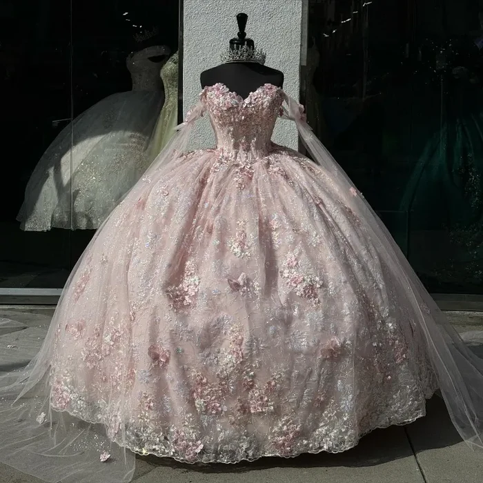 Pretty Pink Off The Shoulder Tulle Lace Appliques Quinceanera Dress Sweet 16 Dress With Bow D1047