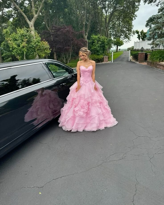 Cute Pink Strapless Tulle Layered Long Party Dress Formal Birthday Prom Dresses D1763