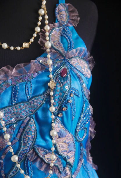 Unique Blue Green Strapless Satin Beaded Long Wedding Guest Dress Formal Birthday Party Dress Prom Gown D2001