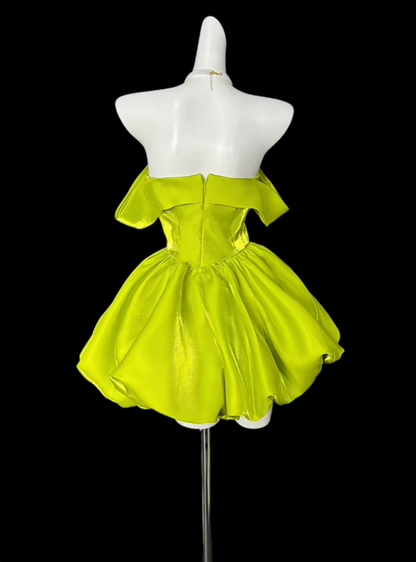 Unique Lemon Green Off The Shoulder Satin A Line Short Homecoming Dress Birthday Dress D4150