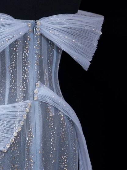 Elegant Off The Shoulder Light Sky Blue Tulle Sequin Long Evening Dresses Mermaid Long Party Dress D4465