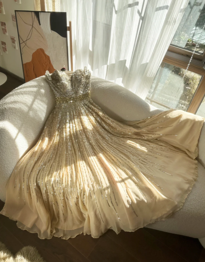 Sparkly Champagne Strapless Chiffon Sequin Beaded Mermaid Evening Dress Long Birthday Party Dress D2077