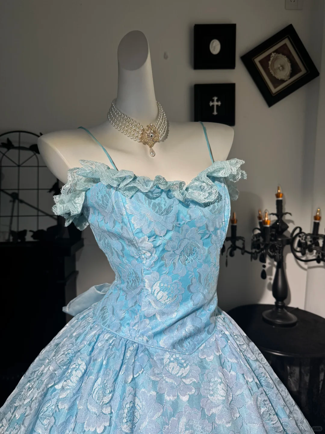 Sweet Blue Ball Gown,Spaghetti Straps Tulle Lace Floral Birthday Quinceanera Dress With Bow D3735