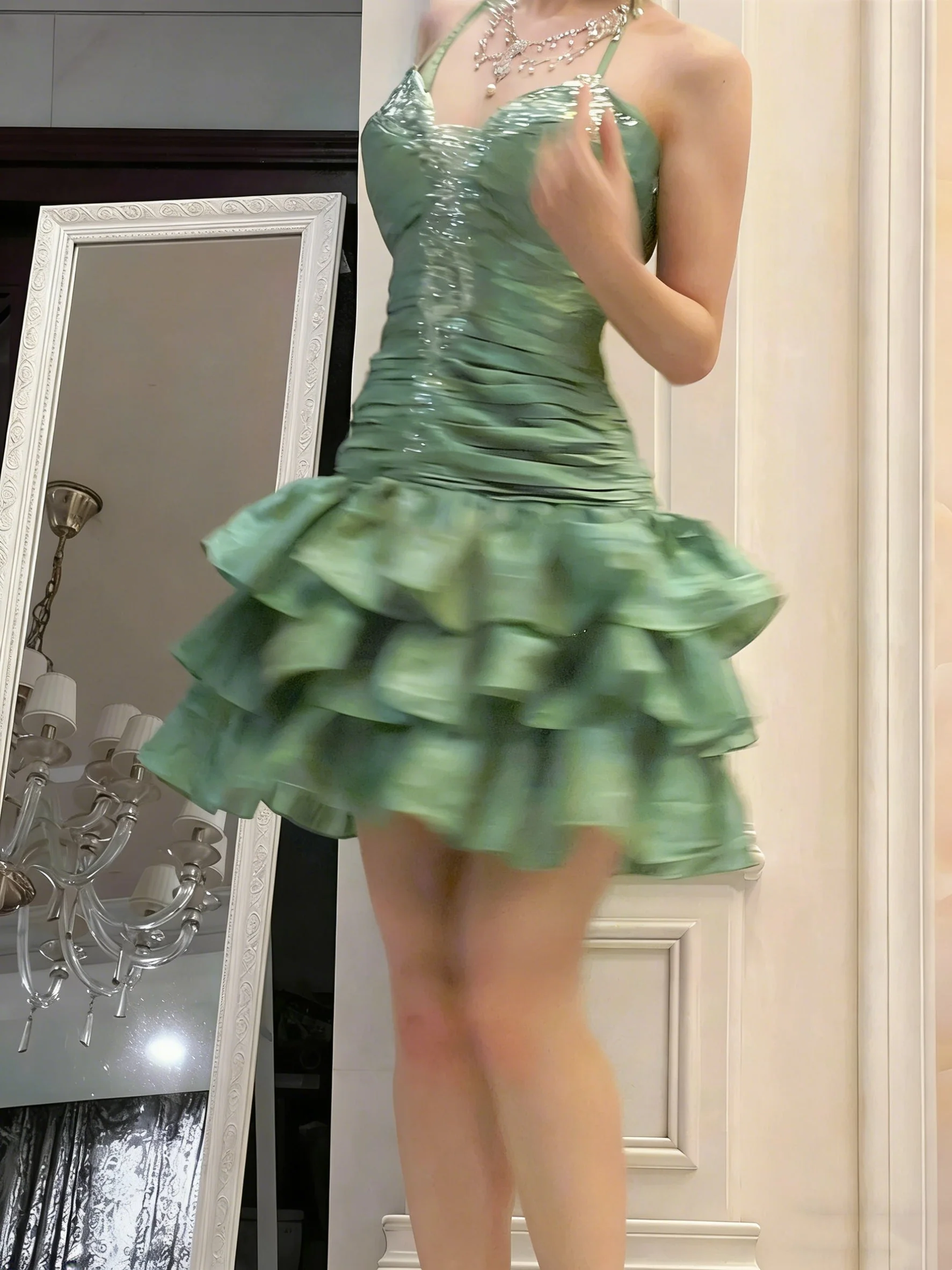 Vintage Halter Green Ruffle Layered Short Birthday Dress Homecoming Dresses D4260