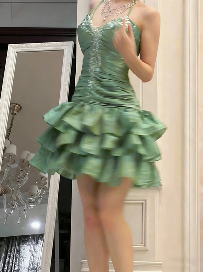 Vintage Halter Green Ruffle Layered Short Birthday Dress Homecoming Dresses D4260