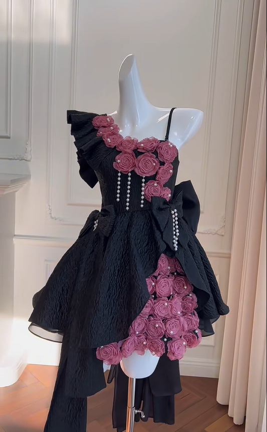 Uniques Rose Flowers Black Off The Shoulder Homecoming Dress A Line Birthday Dress  S485