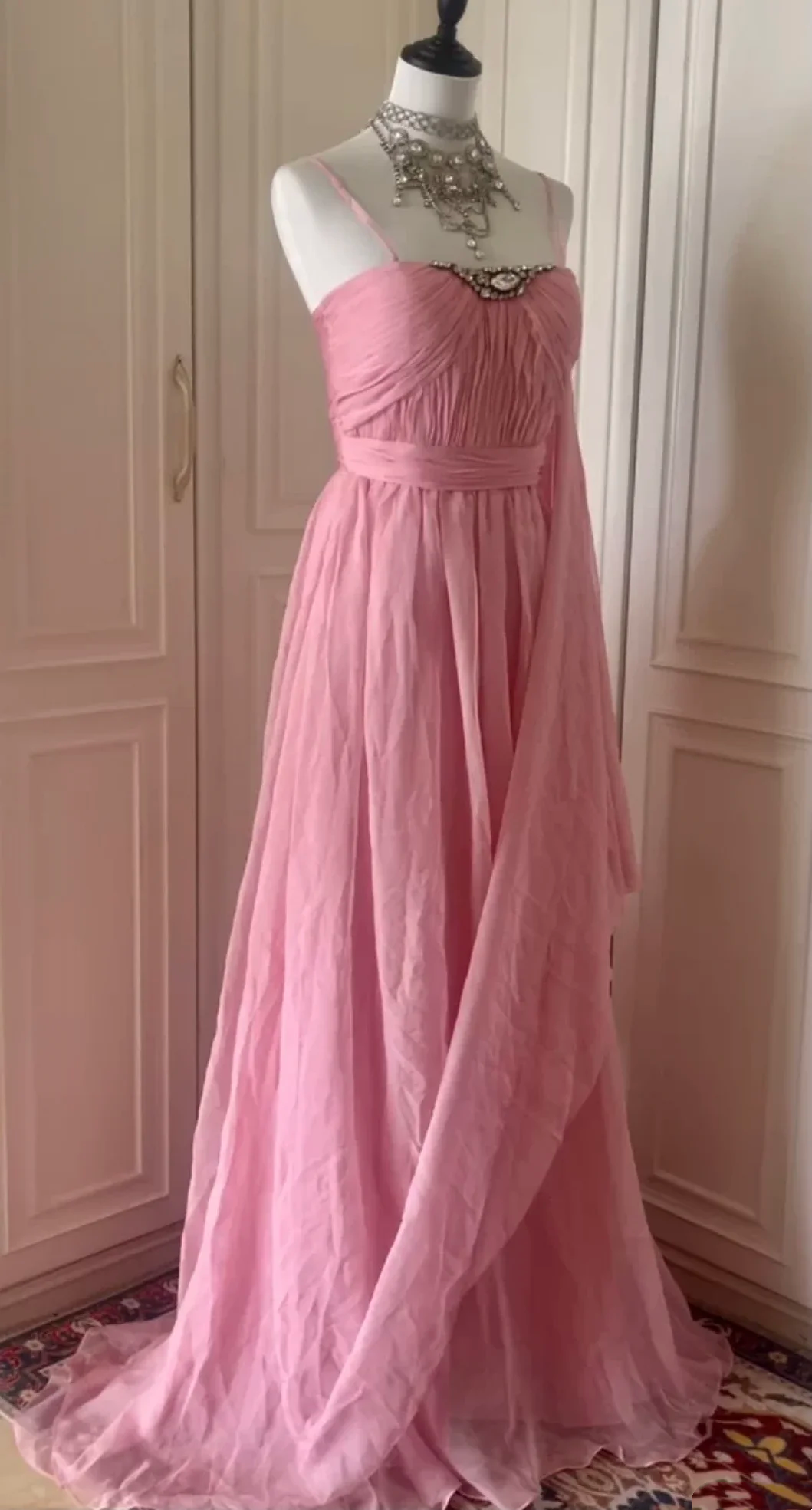 Pretty Spaghetti Straps Pink Chiffon Pleated Beaded Mermaid Long Evening Dress Prom Dress D3099