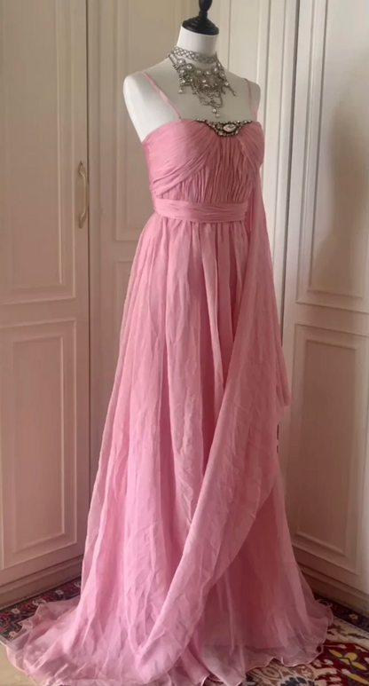 Pretty Spaghetti Straps Pink Chiffon Pleated Beaded Mermaid Long Evening Dress Prom Dress D3099
