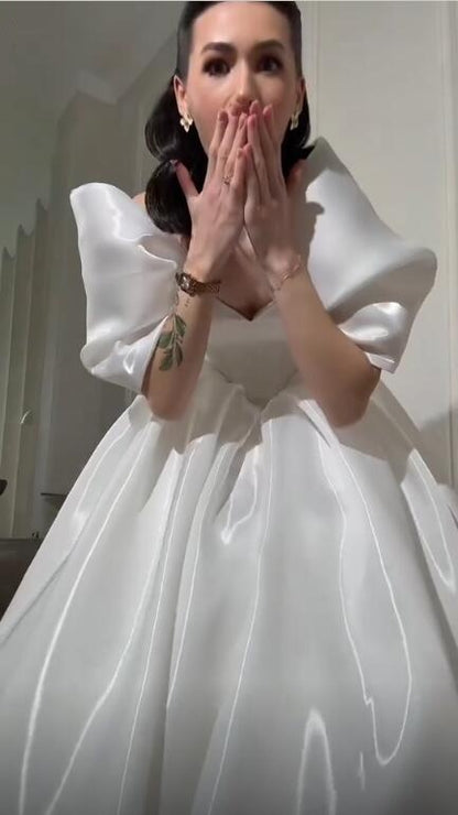 Elegant Off The Shoulder White Tulle Satin Long Party Dress Birthday Evening Dress D4753