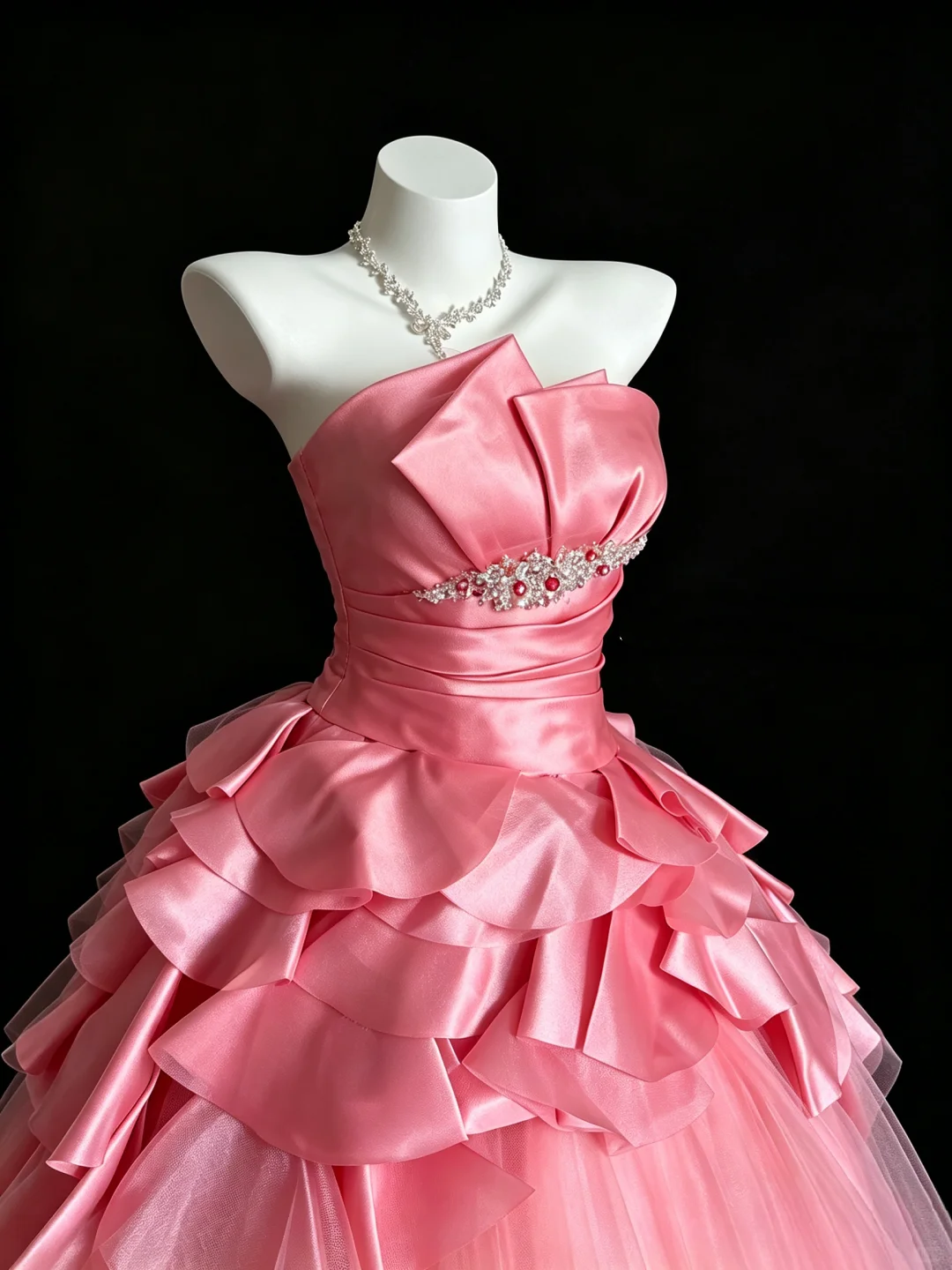 Pretty Strapless Tulle Satin Ruffle Beaded Birthday Quinceanera Dress Pink Sweet 16 Dress D5292