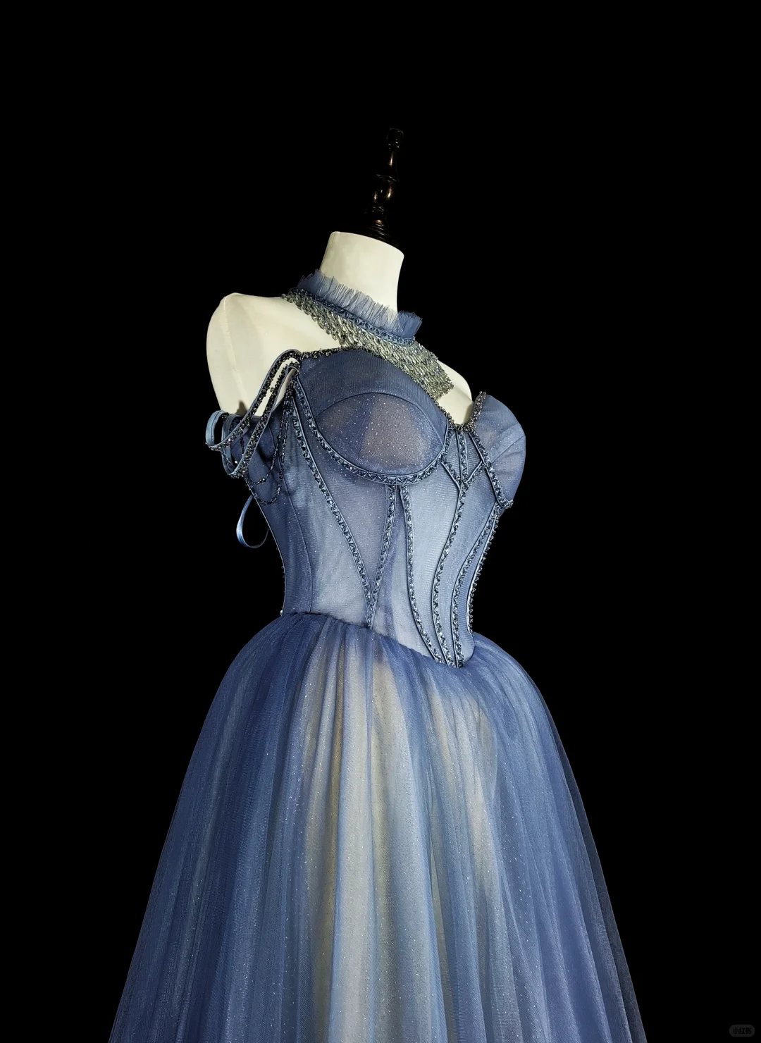 Charming Off The Shoulder Tulle Sequin Beaded Long Prom Dress Blue Evening Dress D5384