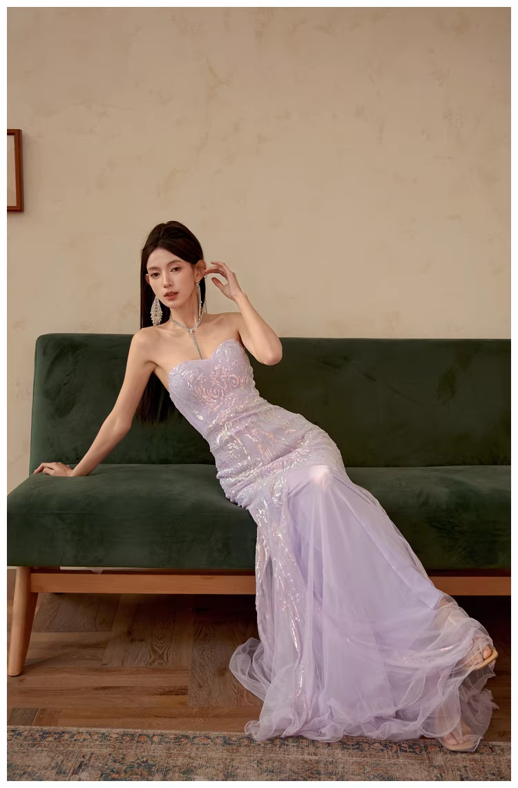Gorgeous Sweetheart Neck Lavender Tulle Sequin Mermaid Long wedding Guest Dress Formal Evening Dress Prom Gown D2435