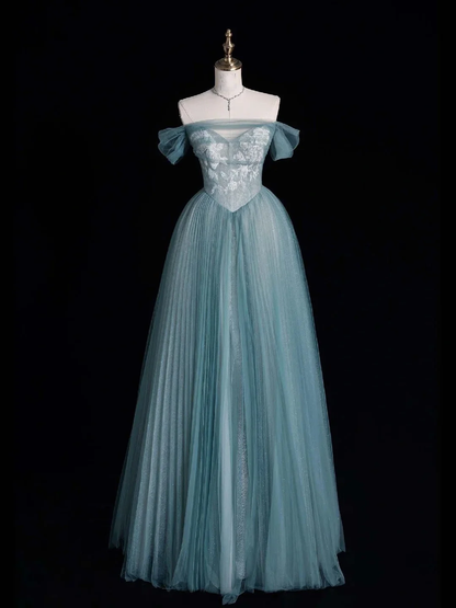 Classy Ball Gown Off The Shoulder Blue Tulle Pleated Sequin Long Party Dress Evening Gowns D4831