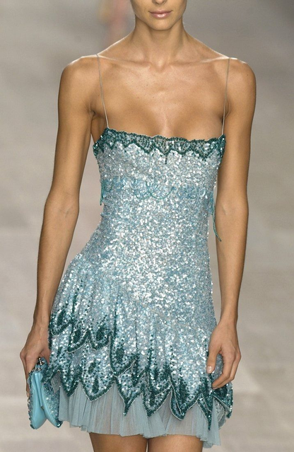 Vintage Blue Sequin Sheath Cocktail Dress Homecoming Dress S514