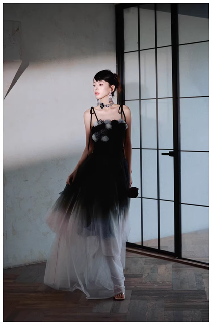 Elegant Spaghetti Straps Ombre Black Tulle Layered A Line Long Party Dress Evening Dress D2416