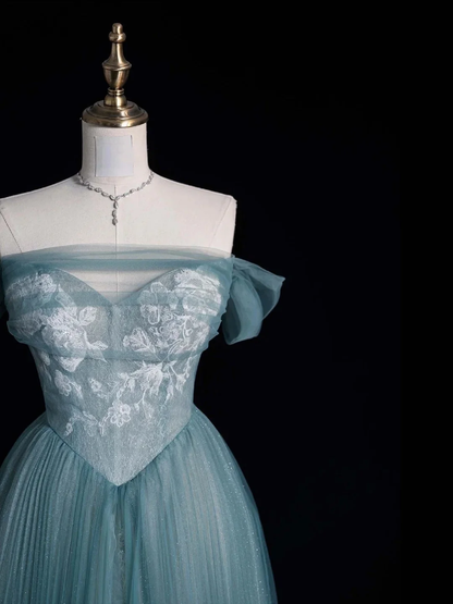 Classy Ball Gown Off The Shoulder Blue Tulle Pleated Sequin Long Party Dress Evening Gowns D4831