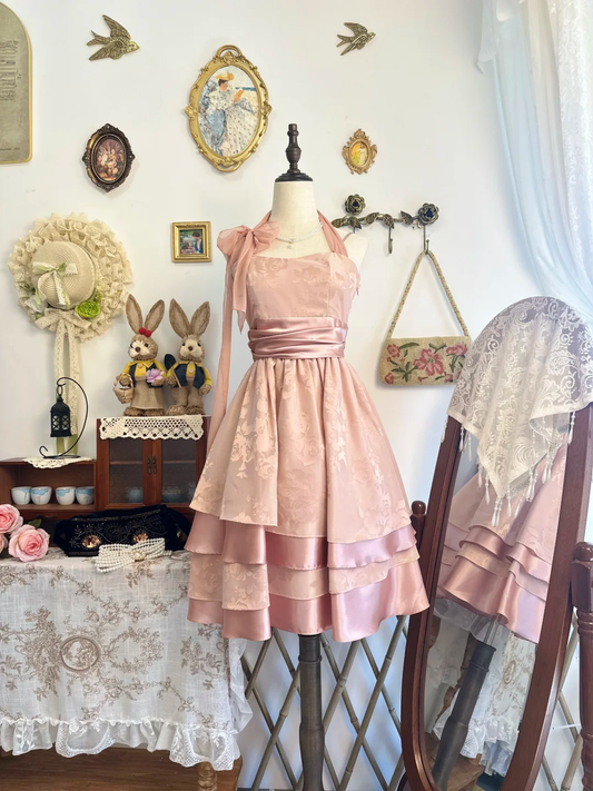 Classy Pink Halter Satin Print Floral Layered A Line Short Graduation Homecoming Dress Birthday Outfits D312