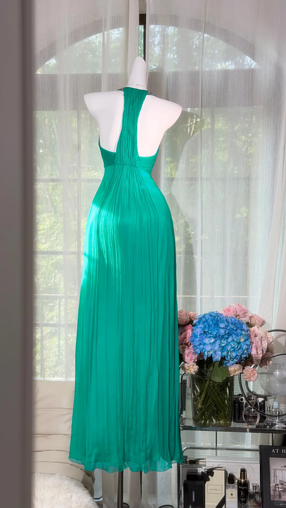 Charming Halter Chiffon Pleated Beaded A Line Long Wedding Guest Dress,Green V Neck Party Dress Prom Dress D2935