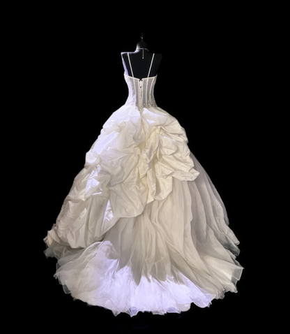 Pretty Spaghetti Straps Tulle Satin Pleated Beaded White Formal Wedding Dress Bridal Dress D552