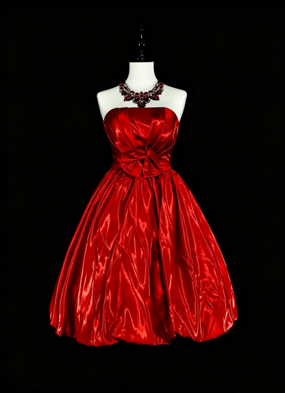 Fashion Strapless Red Satin Pleated A Line Short Homecoming Dress Birthday Outfits D4045