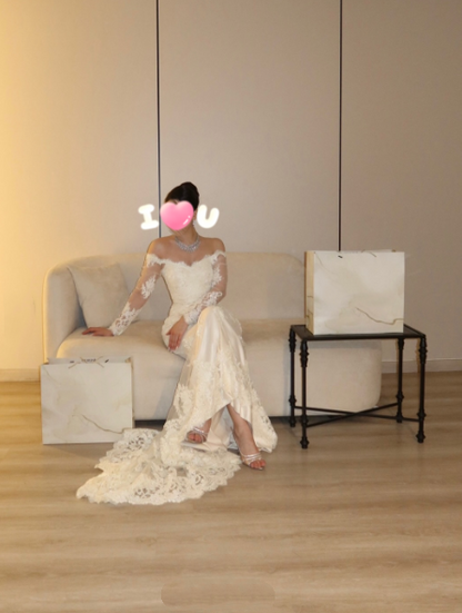 Elegant Off The Shoulder White Satin Lace Mermaid Long Wedding Dress D4980