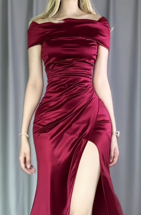 Pretty Burgundy Off The Shoulder Satin Pleated Mermaid Party Dress Long Slit Evening Gowns D2486