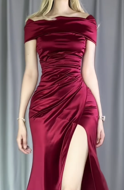 Pretty Burgundy Off The Shoulder Satin Pleated Mermaid Party Dress Long Slit Evening Gowns D2486