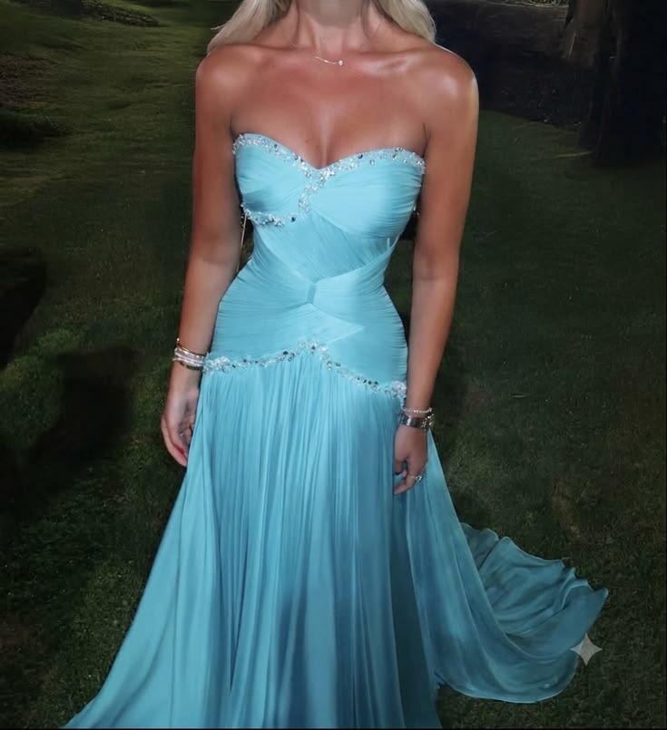 Elegant Strapless Blue  Chiffon Beaded Mermaid Long Prom Dress Party Gown D3811