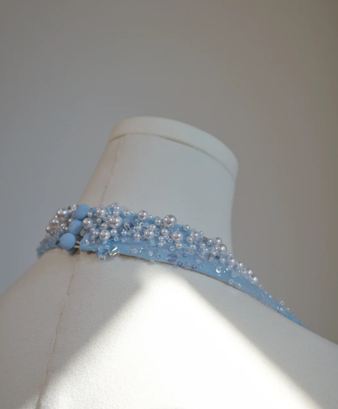 Fairy Halter V Neck Sky Blue Tulle Sequin Beaded A Line Long Prom Dress Party Gown D2146