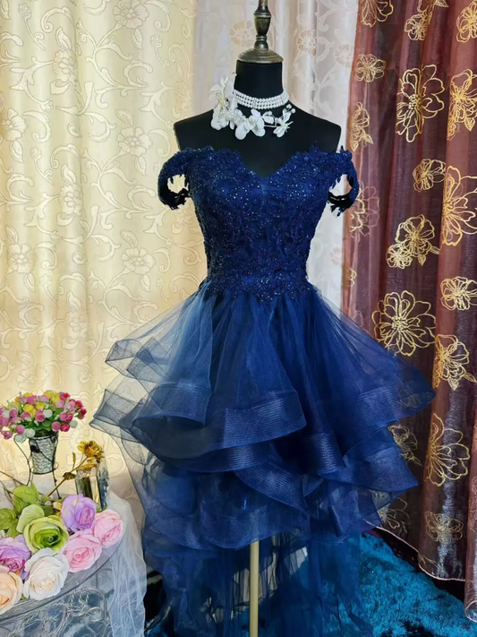 Vintage Navy Blue Tulle Appliques A Line Short Homecoming Dress Off The Shoulder 19th Birthday Outfits D725