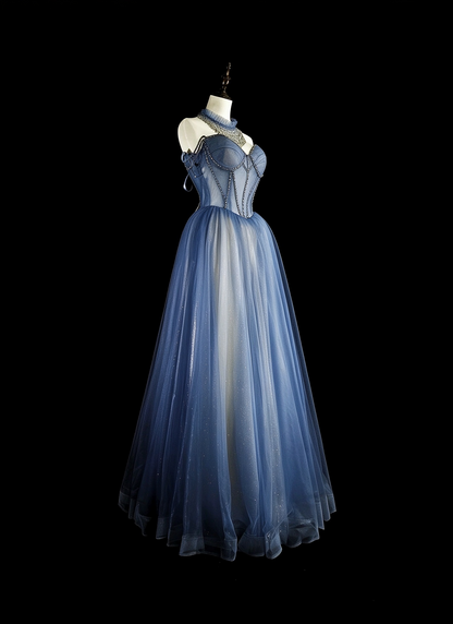 Charming Off The Shoulder Tulle Sequin Beaded Long Prom Dress Blue Evening Dress D5384