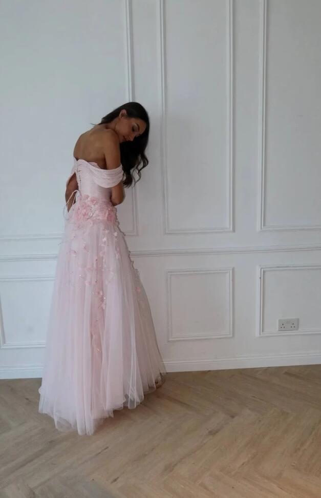 Pretty Pink Off The Shoulder Tulle Appliques Mermaid Long Party Dress Evening Gowns D5132