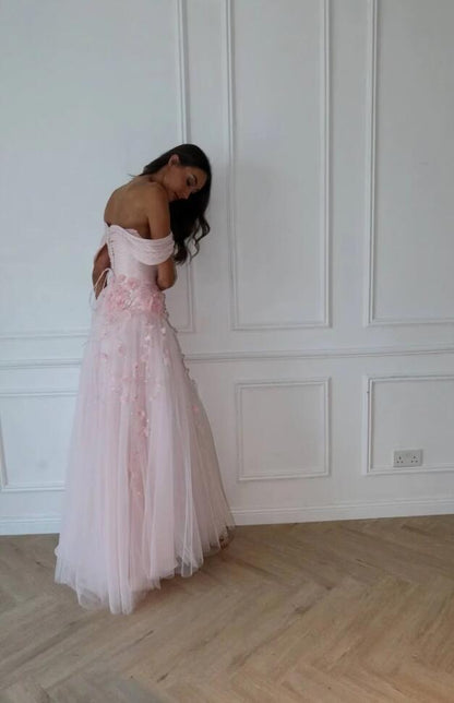 Pretty Pink Off The Shoulder Tulle Appliques Mermaid Long Party Dress Evening Gowns D5132