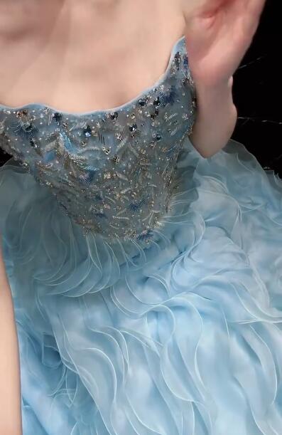 Glamorous Blue Strapless Tulle Ruffles Beaded Long Birthday Prom Dress Evening Dress D4752