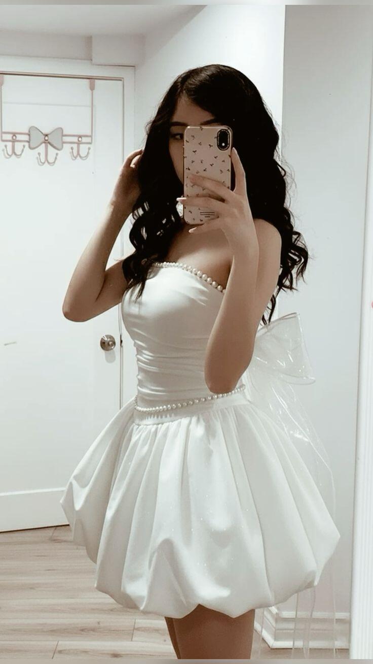 Elegant White Satin Pearl Trim Strapless Mini 7th Grade Homecoming Dress Big Sheer Bow A Line Short Birthday Outfits D3170