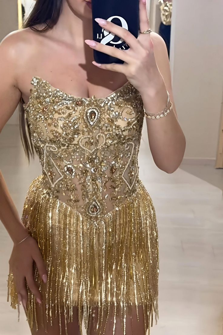 Gorgeous Gold Strapless Satin Beaded Tassel Short Graduation Homecoming Dress Cocktail Dress D3451