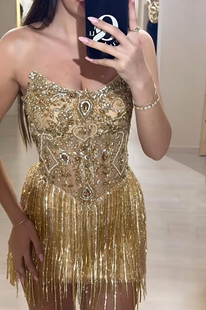Gorgeous Gold Strapless Satin Beaded Tassel Short Graduation Homecoming Dress Cocktail Dress D3451