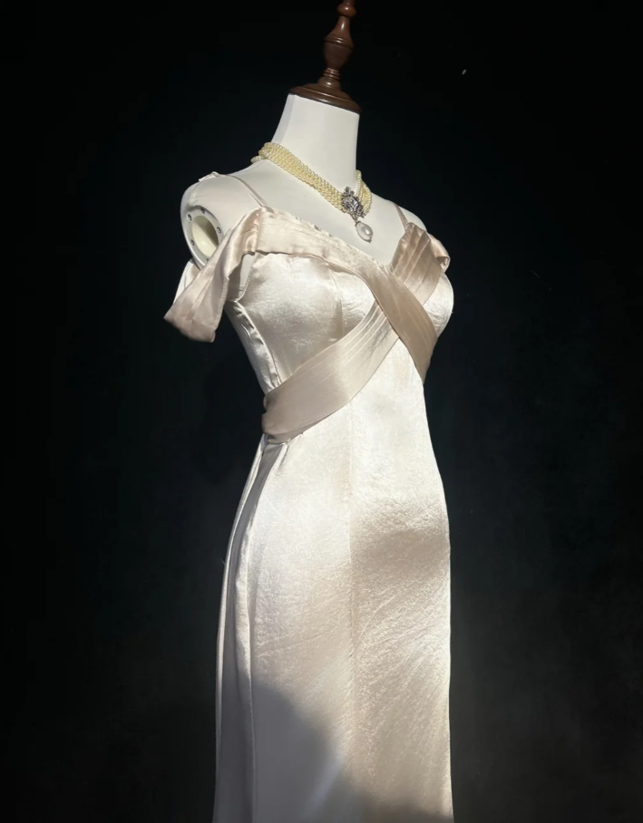 Elegant Light Champagne Off The Shoulder Formal Wedding Guest Dress Long Mermaid Slit Evening Dress Party Dress D2065