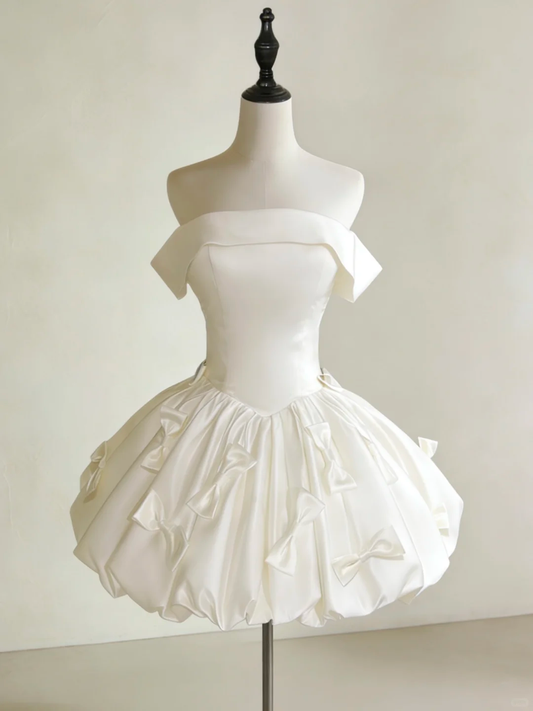 Elegant Off The Shoulder White Satin Bow A Line Short Homecoming Dress Cocktail Dress D2803