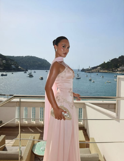 Charming V Neck Pink Chiffon Appliques A Line Slit Long Party Dress Evening Dress With Scarf D4967