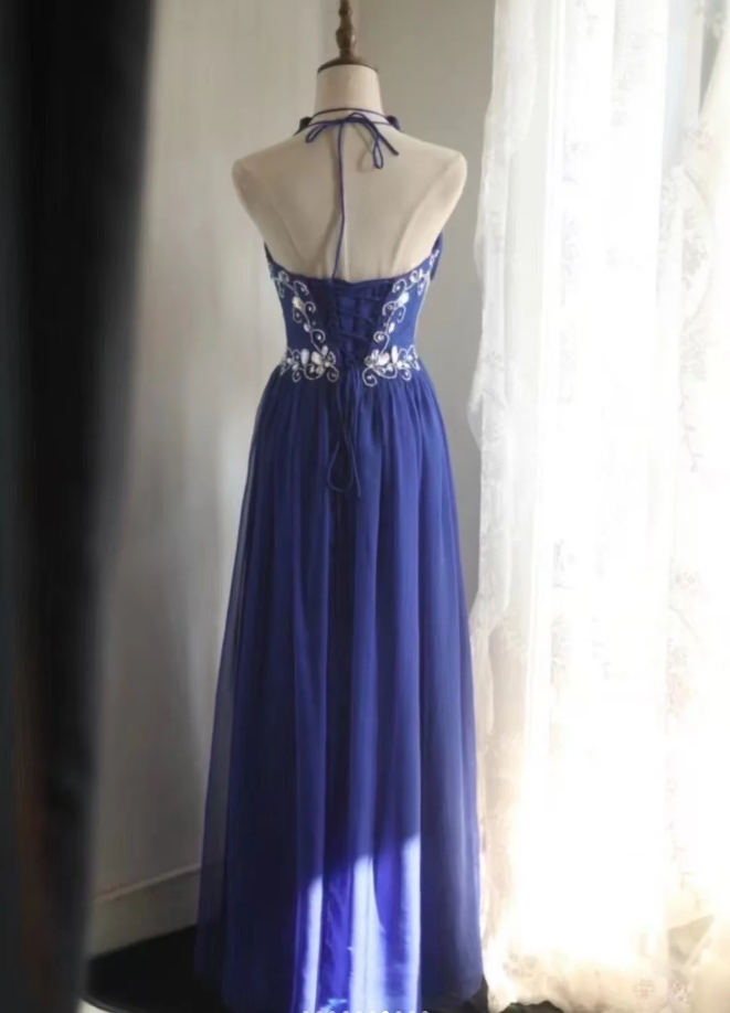 Stylish Halter Royal Blue Chiffon Beaded Long Evening Dress Formal Wedding Guest Dress Prom Gown D2201