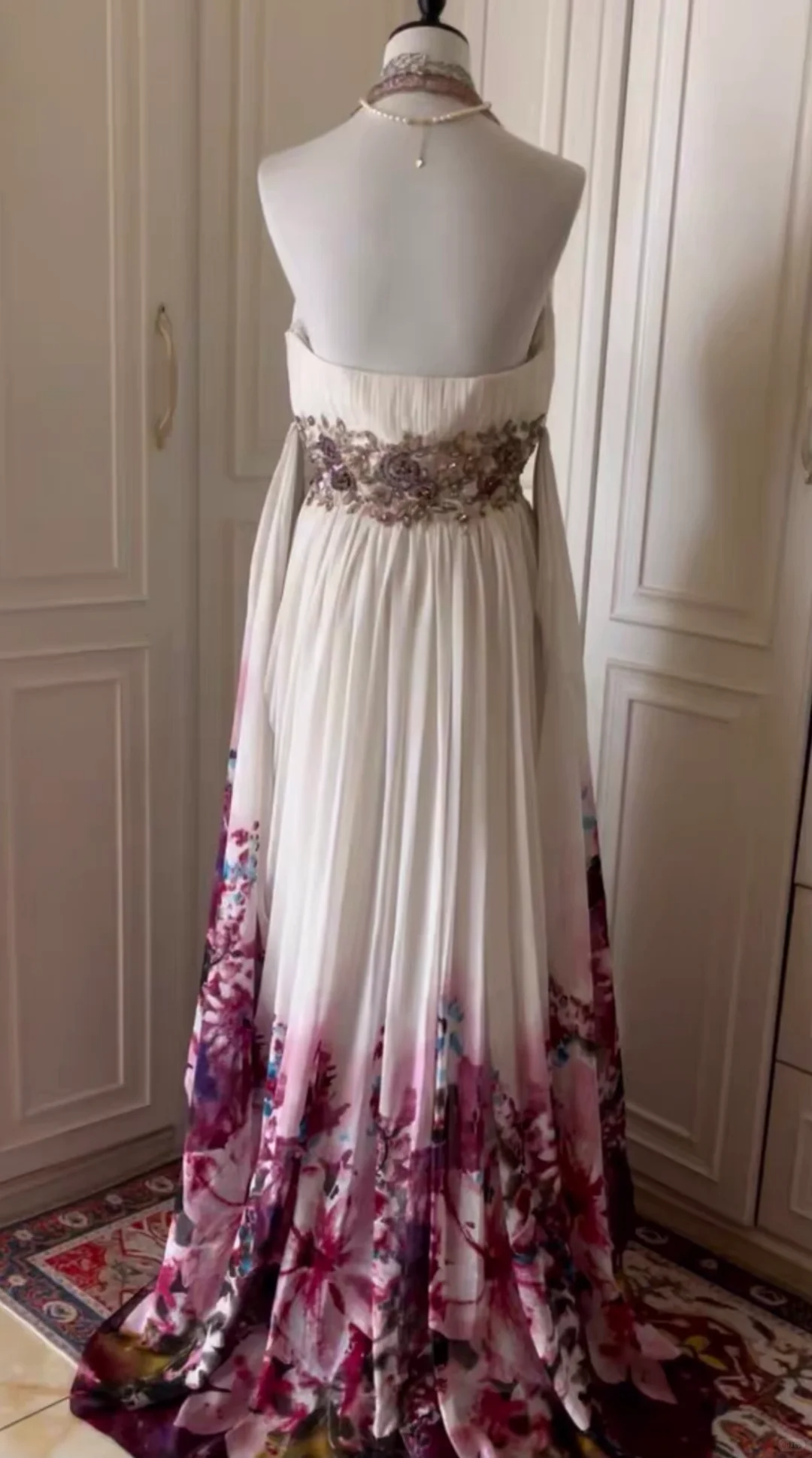 Beautiful Halter Beaded Chiffon Print Floral Mermaid Evening Dress,White Long Party Gown D3105