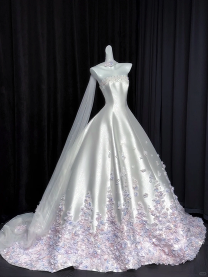 Glamorous White Strapless Satin Beaded Floral Long Wedding Dress Bridal Dress D3080