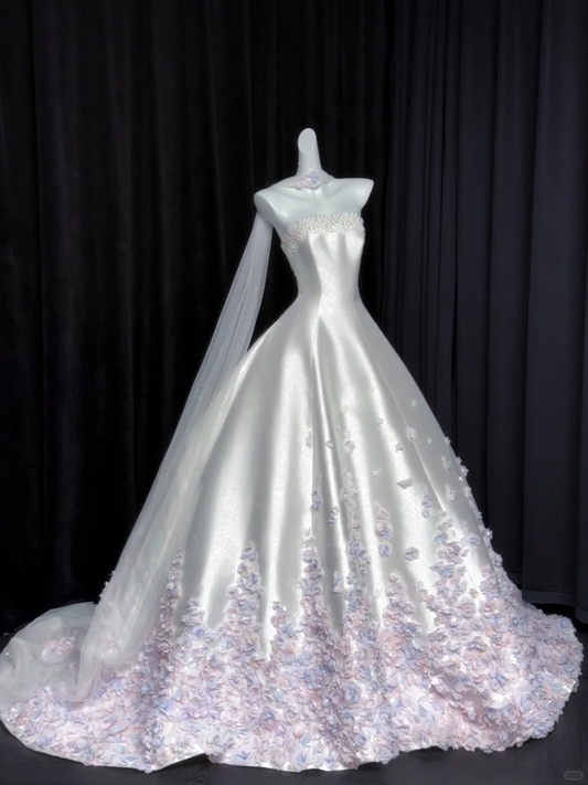 Glamorous White Strapless Satin Beaded Floral Long Wedding Dress Bridal Dress D3080
