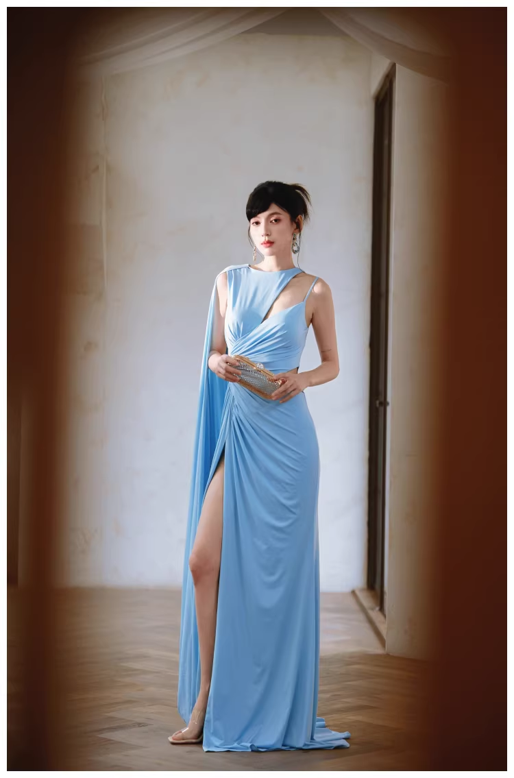 Sexy Blue Satin Slit Mermaid Long Prom Dress Evening Dresses D2459