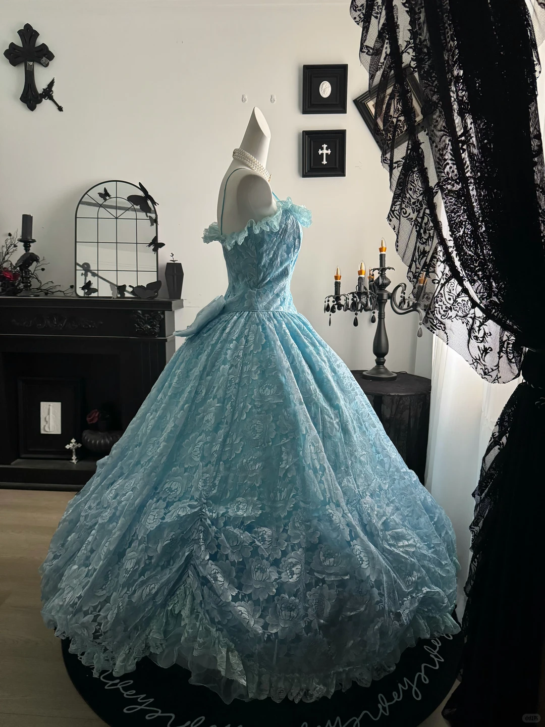 Sweet Blue Ball Gown,Spaghetti Straps Tulle Lace Floral Birthday Quinceanera Dress With Bow D3735